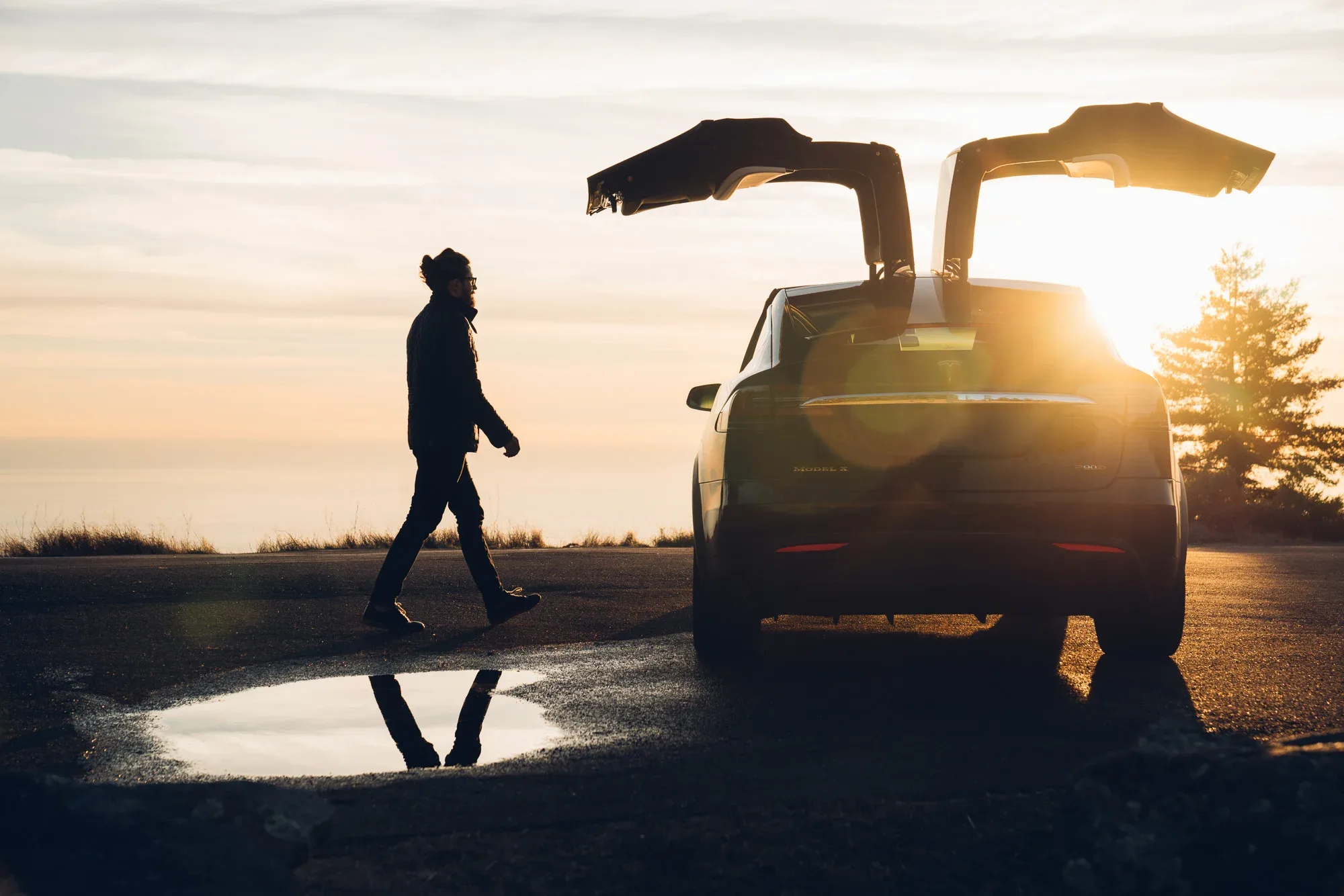 Doors up at golden hour on the coast road